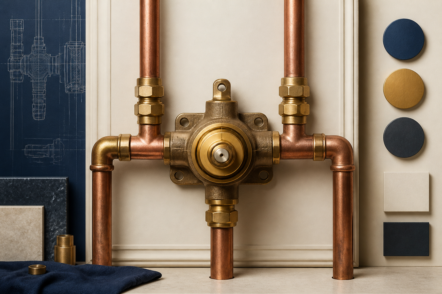 Concept illustration of a shower mixing valve and copper supply lines